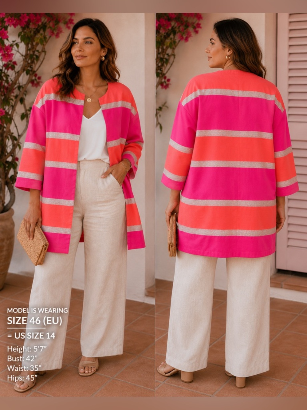 Vilagallo Neon Pink & Coral Striped Open Front Blazer EU 46 US 14